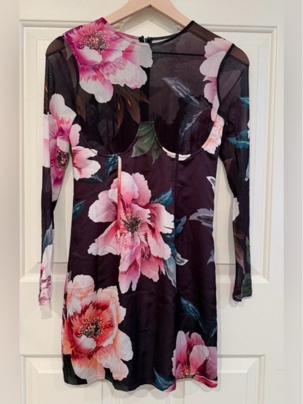 Marciano black floral satin mini dress with bustier top xs